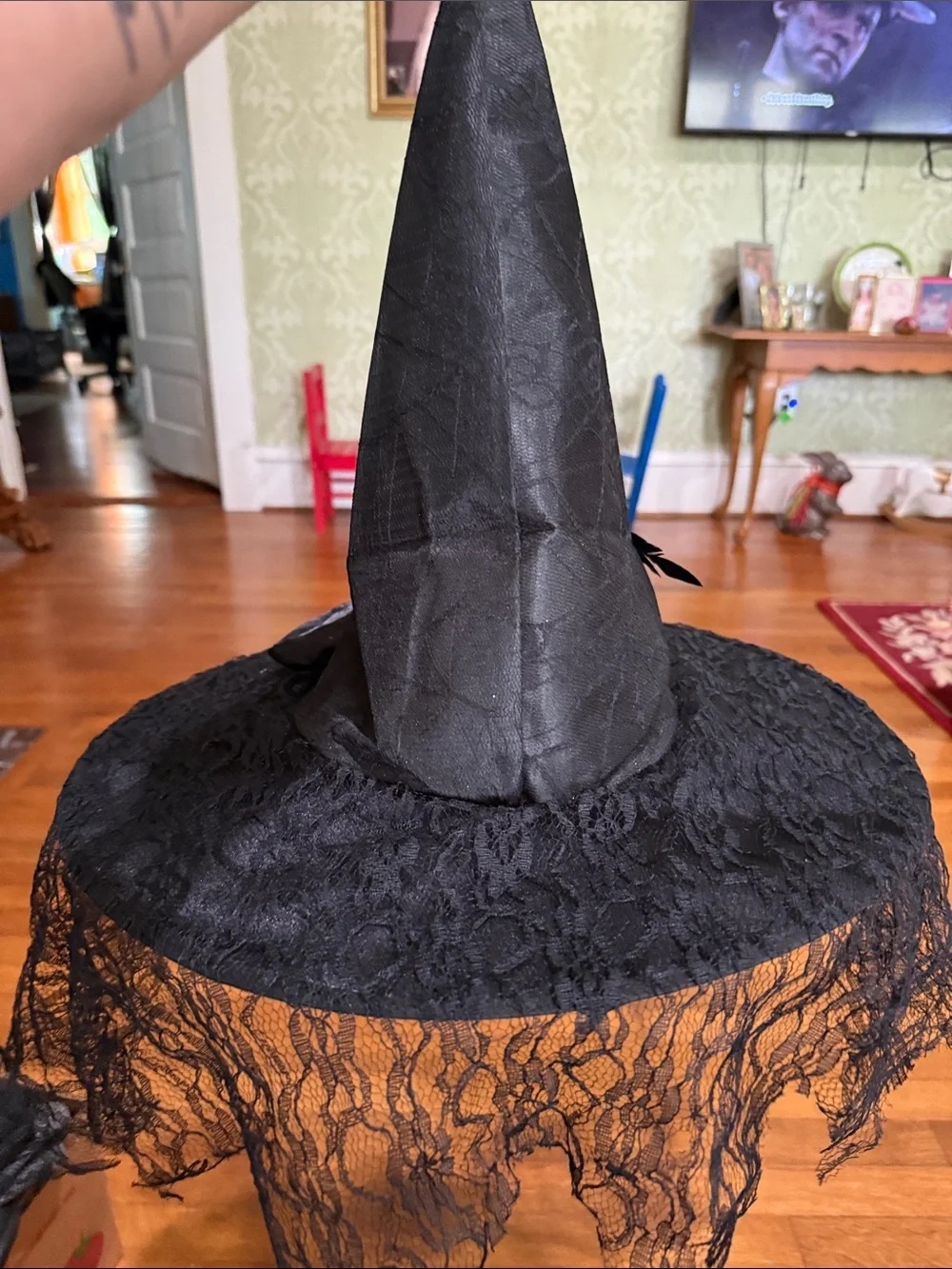 Black Lace Witch Hat with Feather Trim -